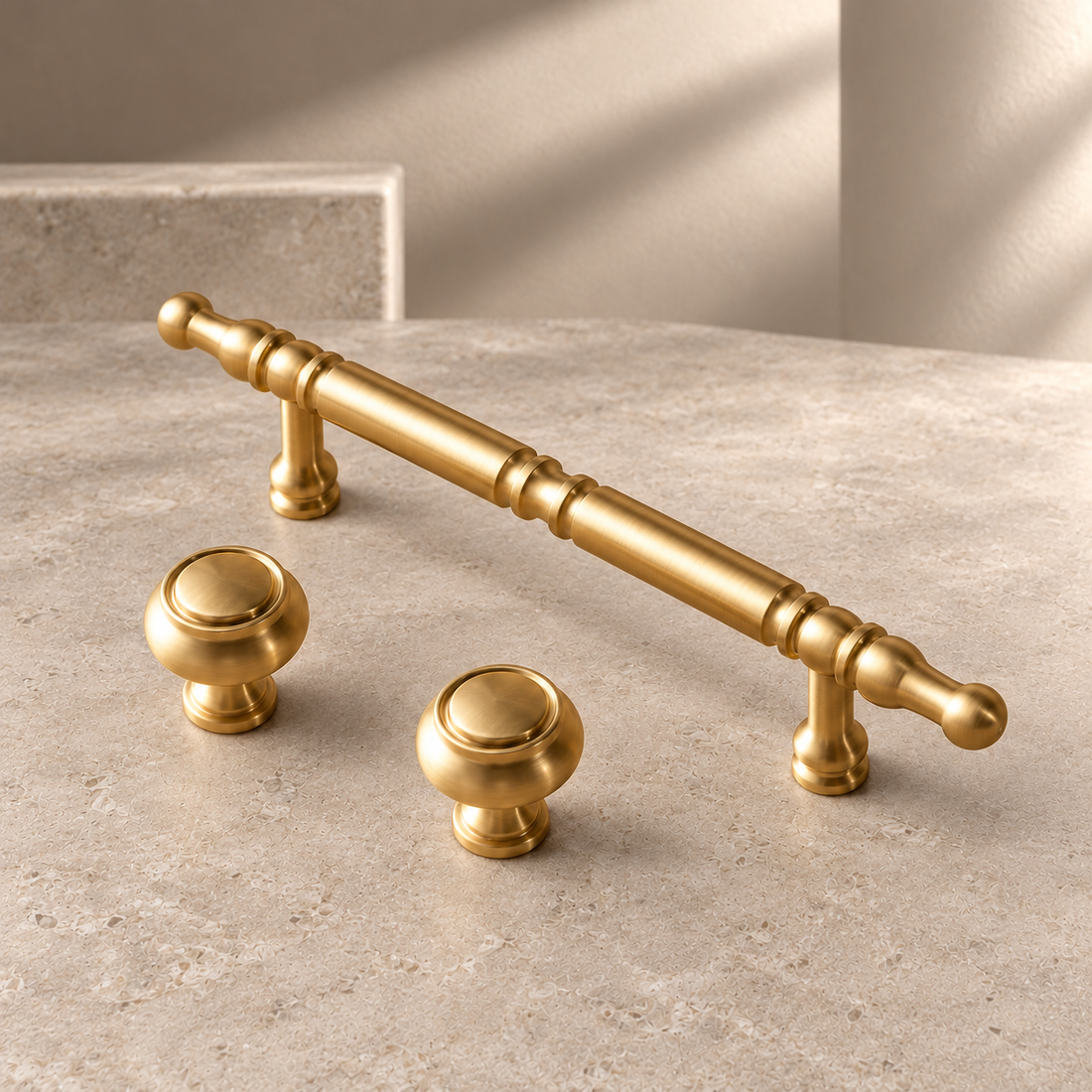 Solid Brass Cabinet Pulls & Knobs — Modern Design on a neutral stone studio background