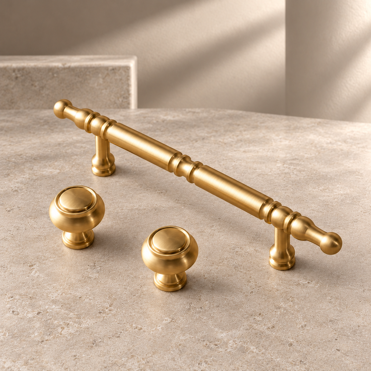 Solid Brass Cabinet Pulls & Knobs — Modern Design on a neutral stone studio background