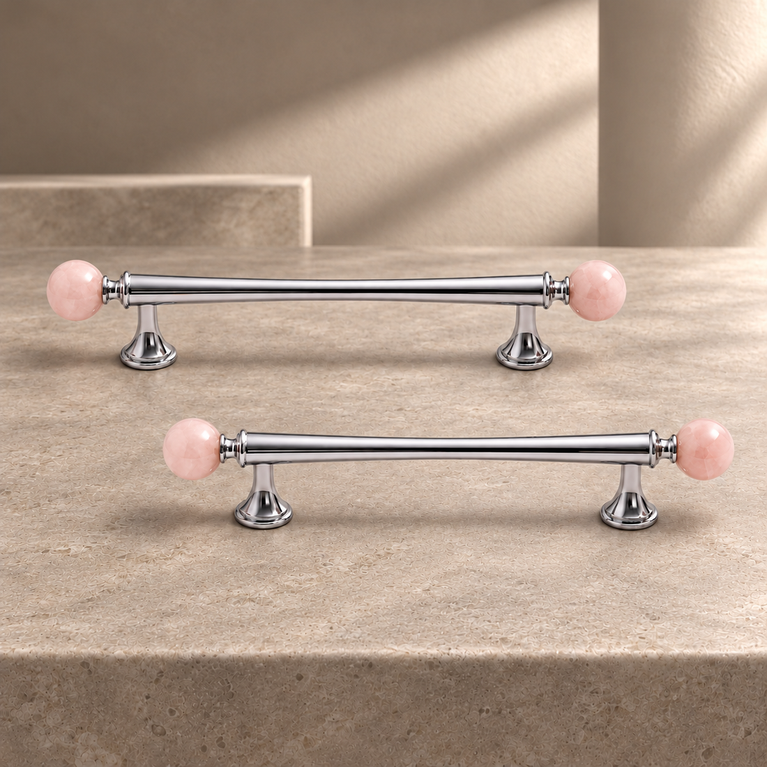 Solid Brass & Crystal Ball Cabinet Pull — Chrome Luxury Design on a neutral stone studio background