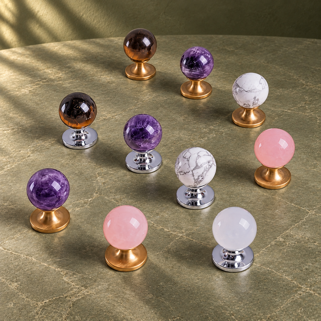 Solid Brass Crystal Cabinet Knob — Natural Stone on a deep olive studio background