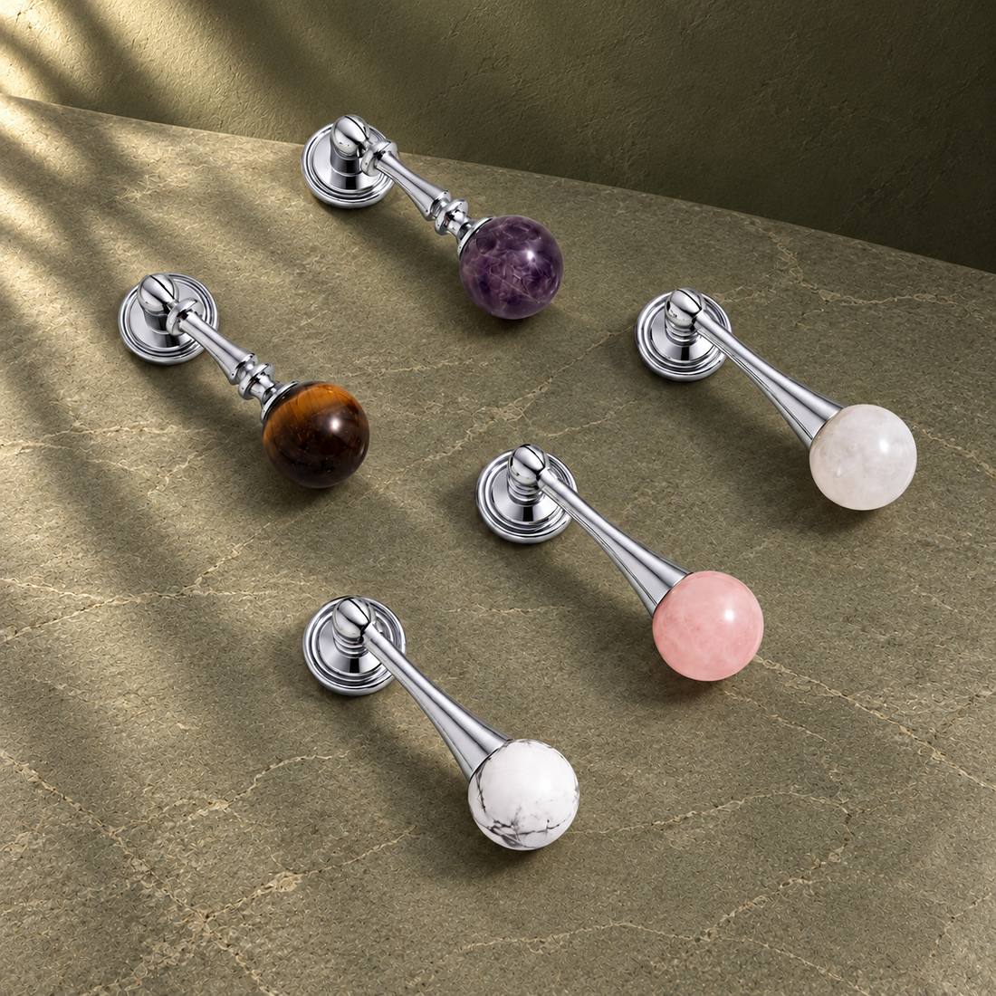 Solid Brass Crystal Cabinet Knob & Pendant Pull — Natural Stone on a deep olive studio background