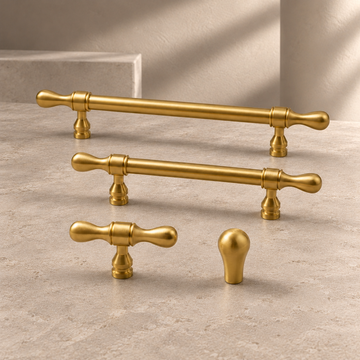Solid Brass Drop-Shaped Cabinet Pull & Knob — Polished Brass Finish on a neutral stone studio background