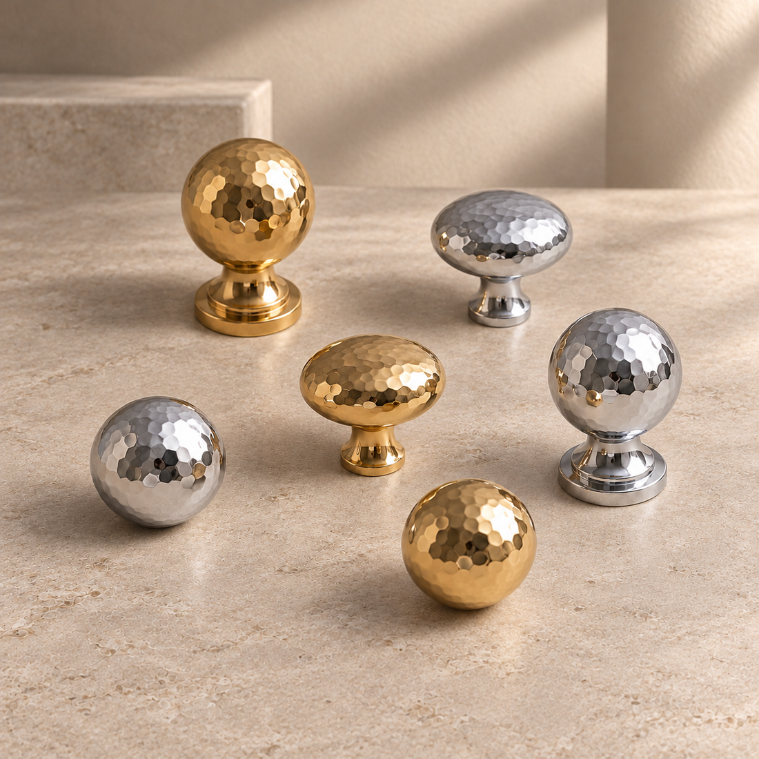Solid Brass Hammered Cabinet Pull & Knob — Chrome & PVD Gold Finish on a neutral stone studio background