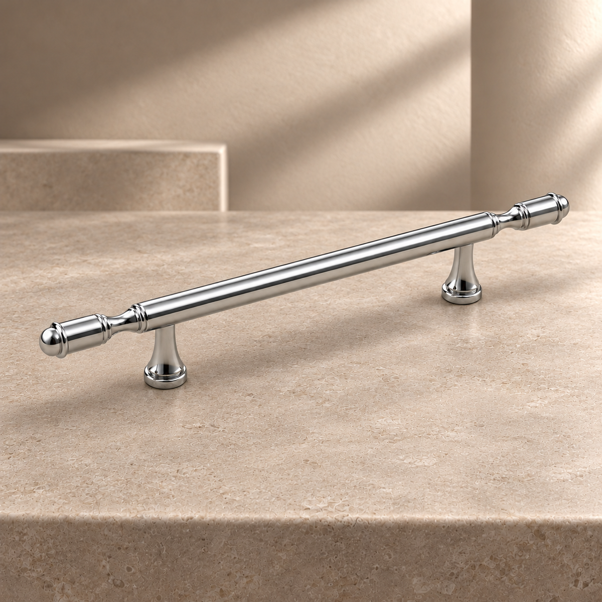 Solid Brass Hat-Style Cabinet Pull & Knob — Chrome Silver Finish on a neutral stone studio background