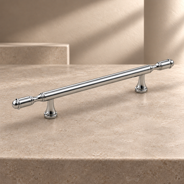 Solid Brass Hat-Style Cabinet Pull & Knob — Chrome Silver Finish on a neutral stone studio background