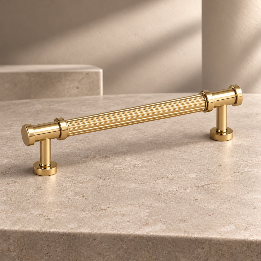 Solid Brass T-Bar Cabinet Pull & Knob — PVD Gold Finish on a neutral stone studio background