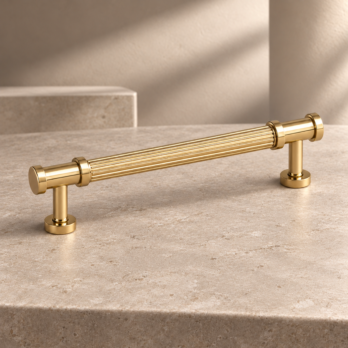 Solid Brass T-Bar Cabinet Pull & Knob — PVD Gold Finish on a neutral stone studio background