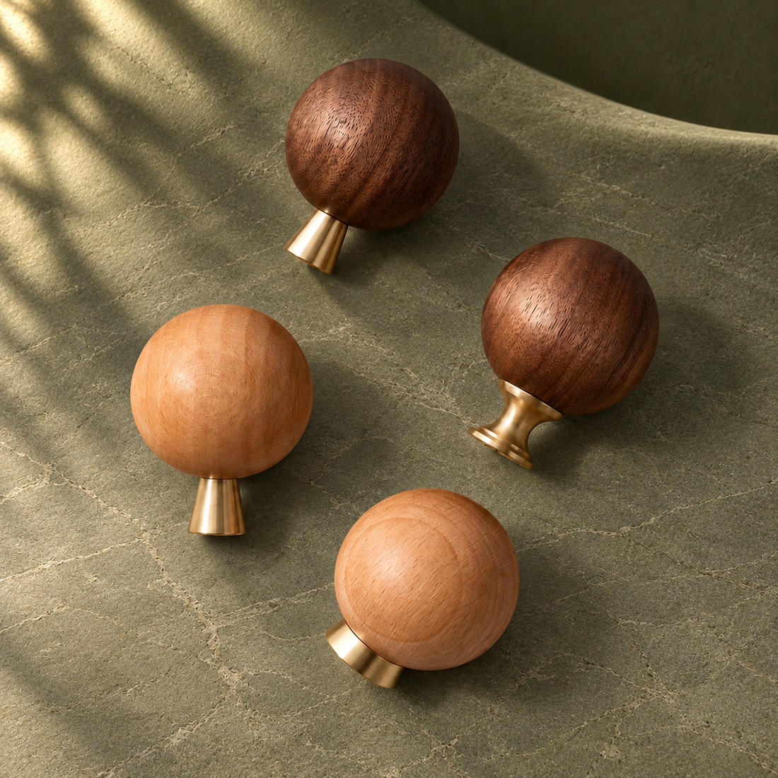 Solid Brass & Walnut Wood Cabinet Pull & Knob on a deep olive studio background