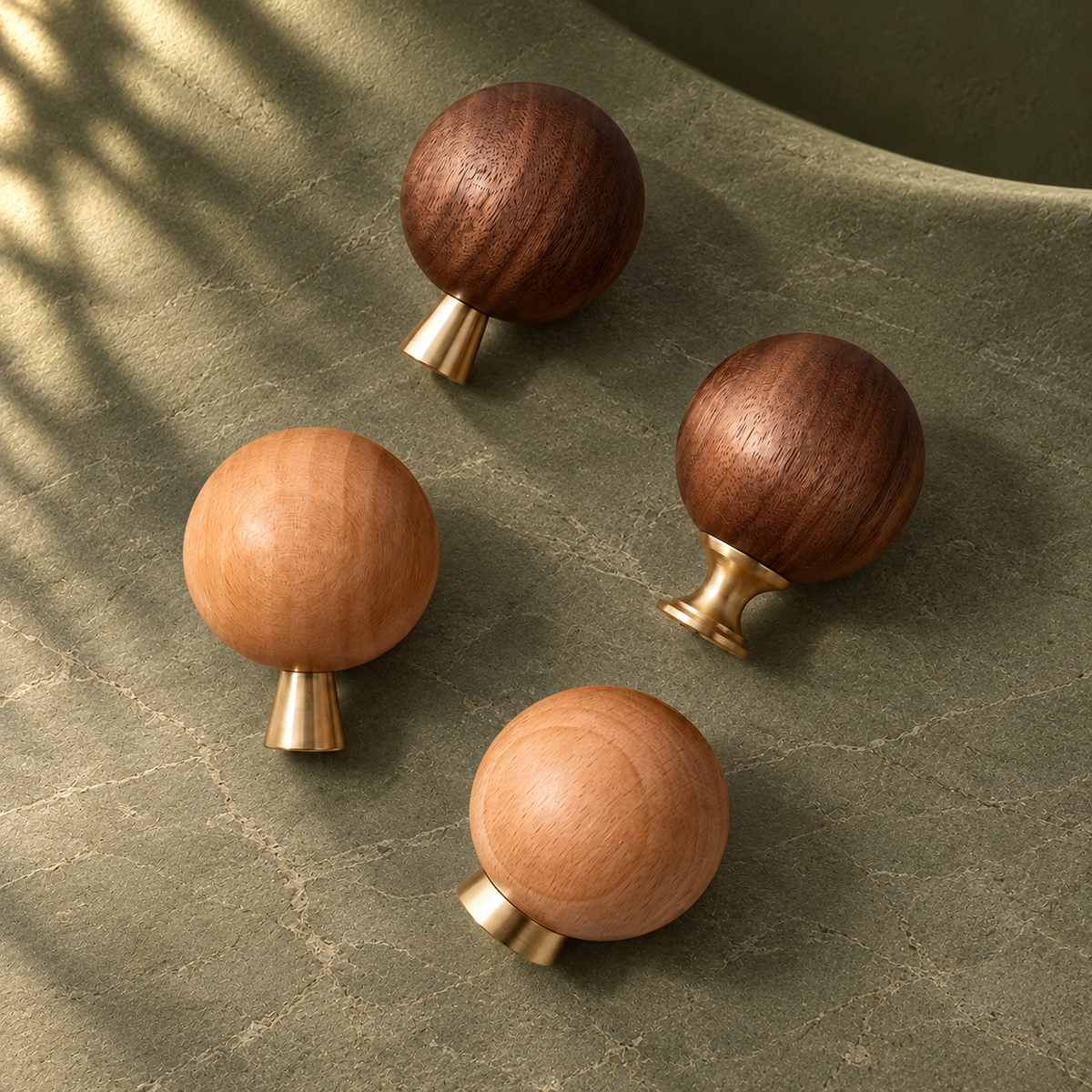 Solid Brass & Walnut Wood Cabinet Pull & Knob on a deep olive studio background