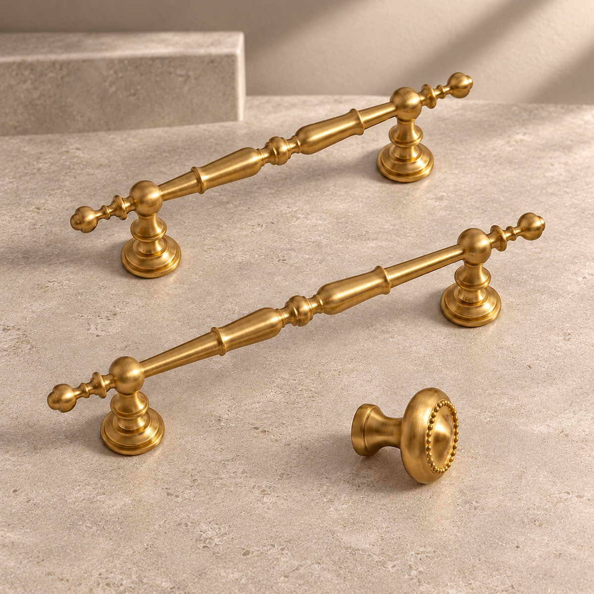 Solid Brushed Brass Cabinet Pull & Knob — French Style Design on a neutral stone studio background