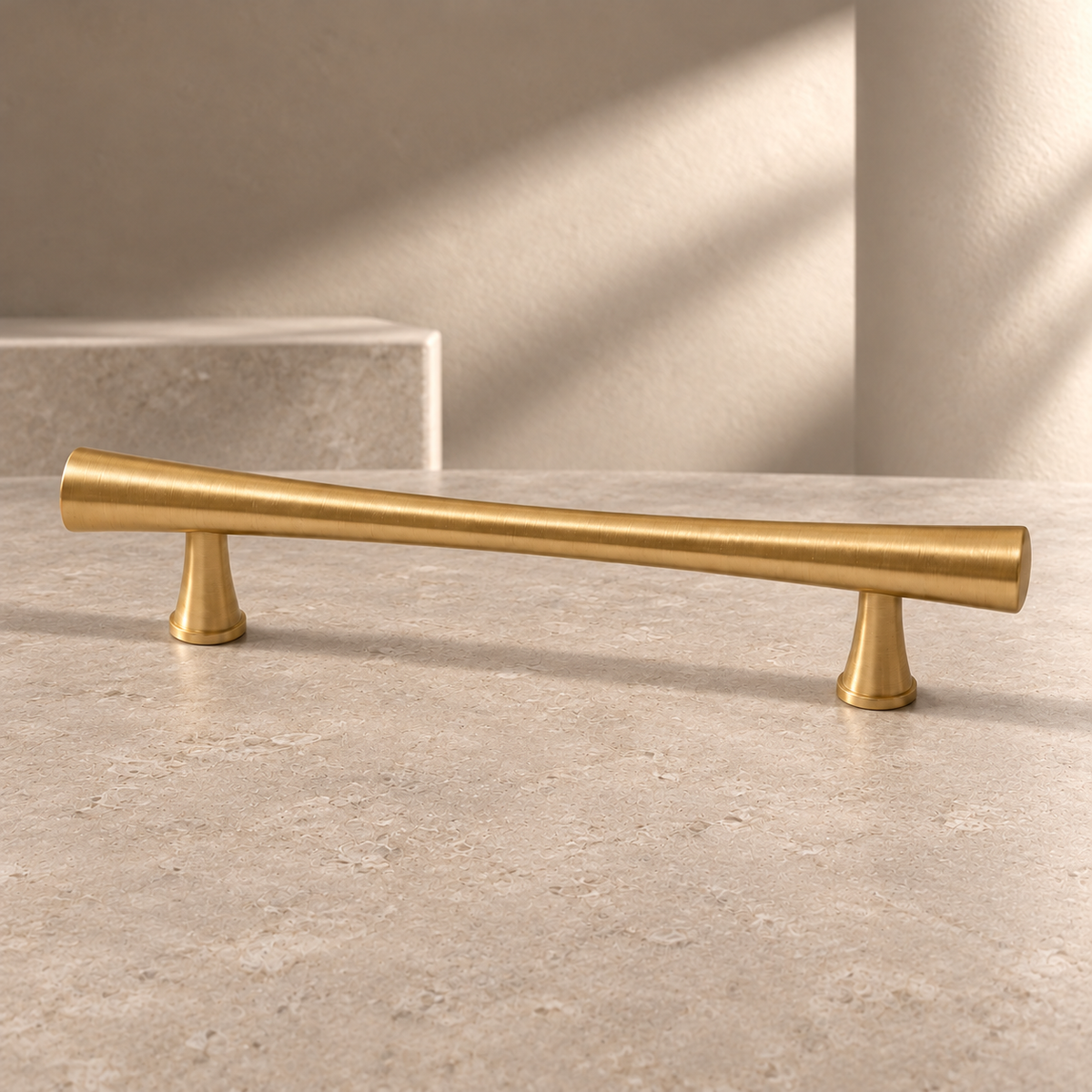 Solid Brushed Brass Cabinet Pull & Knob — High-End Modern Design on a neutral stone studio background