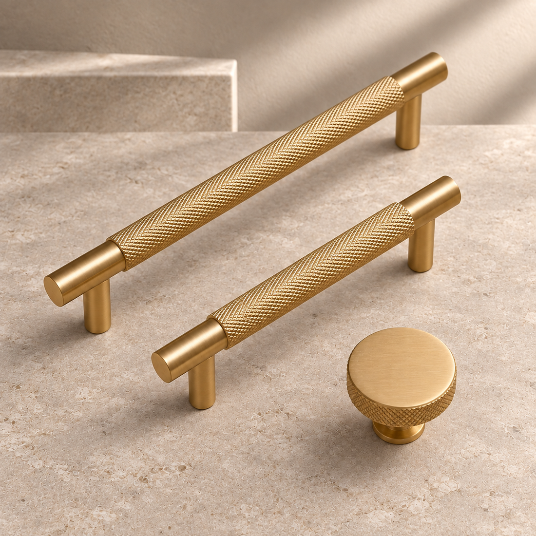 Solid Brushed Brass T Bar & Knob Cabinet Pull — Cross Knurled Design on a neutral stone studio background