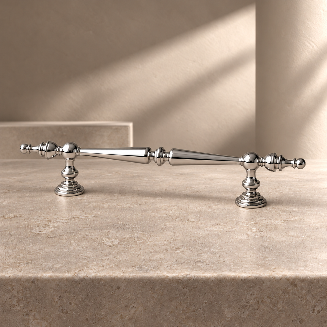 Solid Chrome Brass Cabinet Pull & Knob — Modern Design on a neutral stone studio background