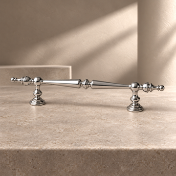 Solid Chrome Brass Cabinet Pull & Knob — Modern Design on a neutral stone studio background