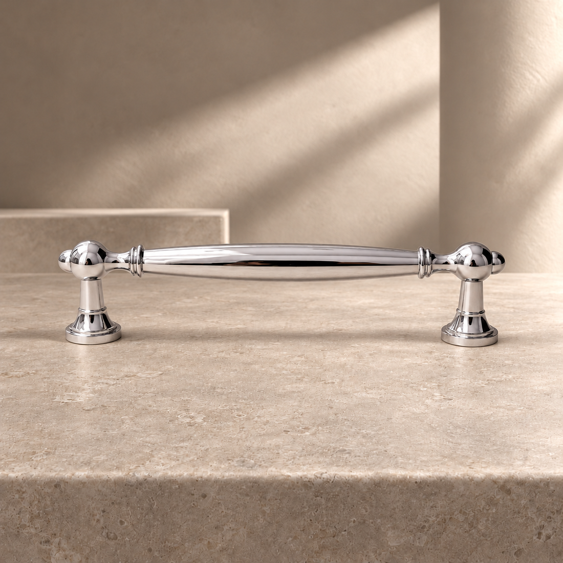 Solid Chrome Brass Cabinet Pull & Knob — Modern Luxury Design on a neutral stone studio background