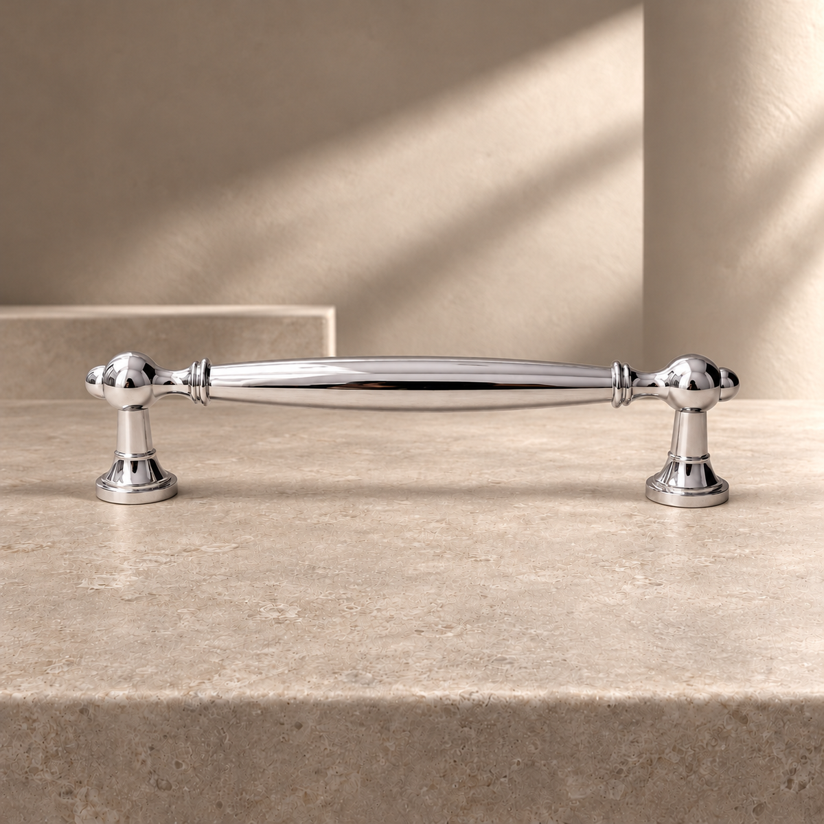 Solid Chrome Brass Cabinet Pull & Knob — Modern Luxury Design on a neutral stone studio background