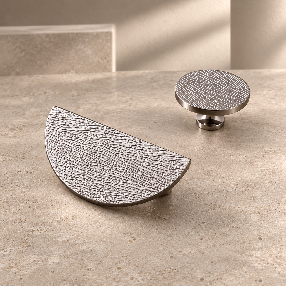 Solid Chrome Brass Cabinet Pull & Round Knob — Luxury Design on a neutral stone studio background