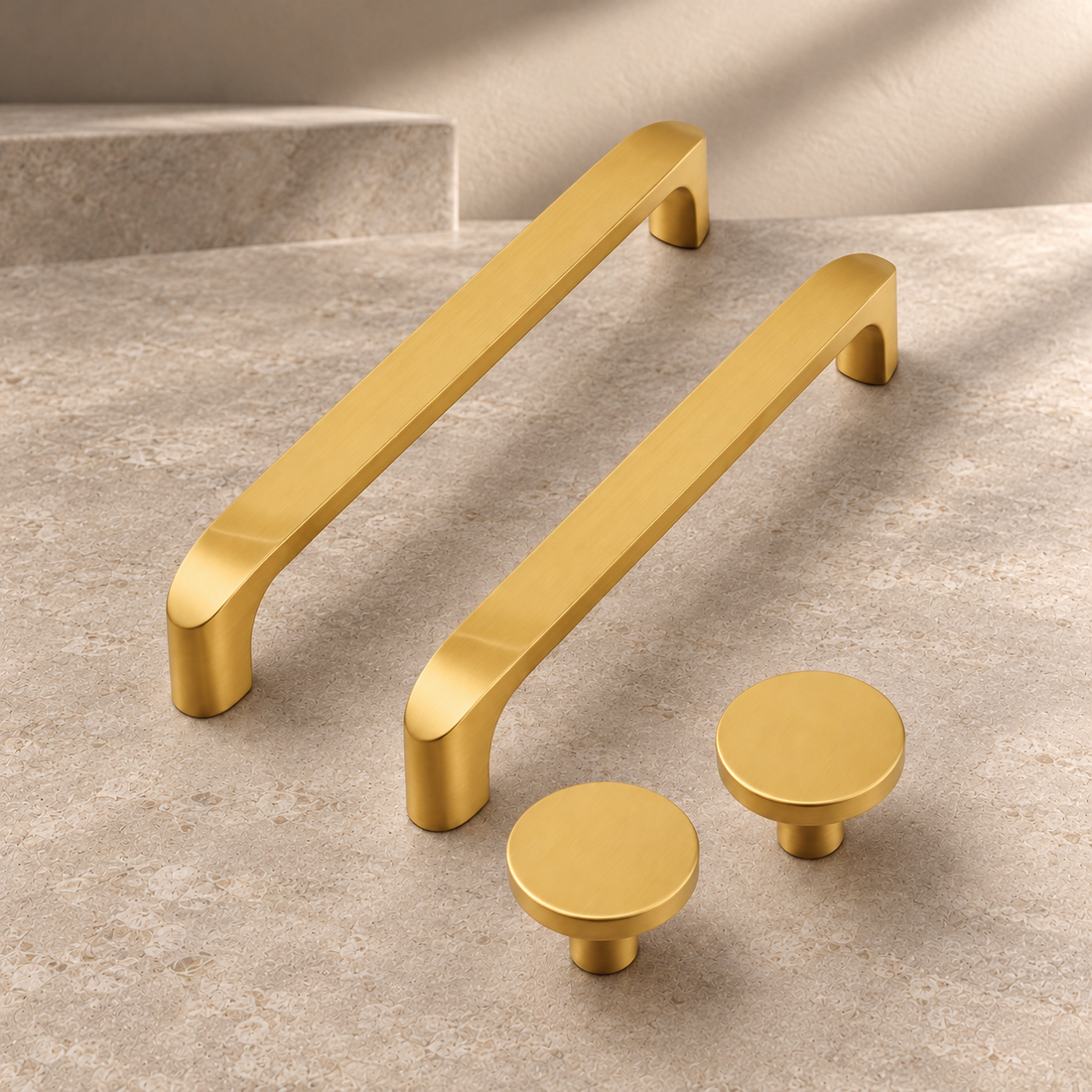 Solid Gold Brass Cabinet Pull & Knob — Modern Kitchen Design on a neutral stone studio background