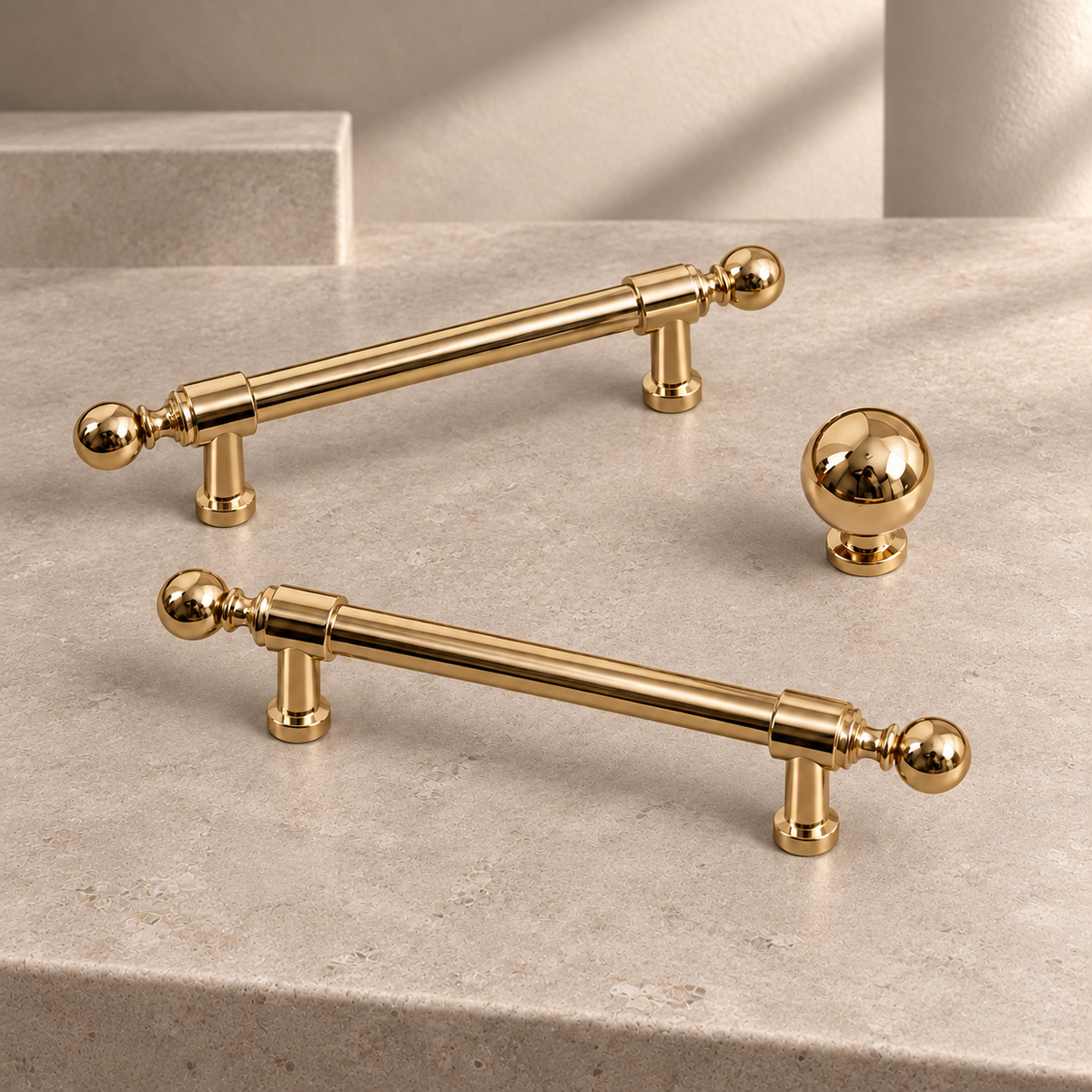Solid Polished Brass Cabinet Pull & Knob — Modern Design on a neutral stone studio background
