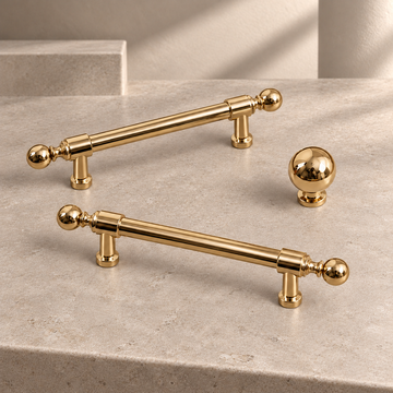 Solid Polished Brass Cabinet Pull & Knob — Modern Design on a neutral stone studio background