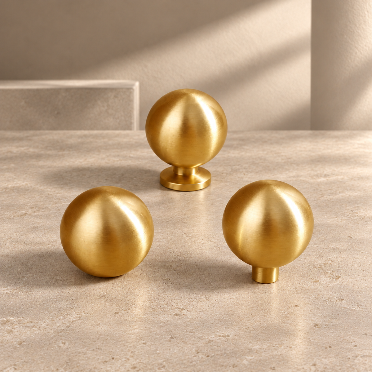 Solid Polished Brass Round Cabinet Knob — Minimalist Ball Design on a neutral stone studio background