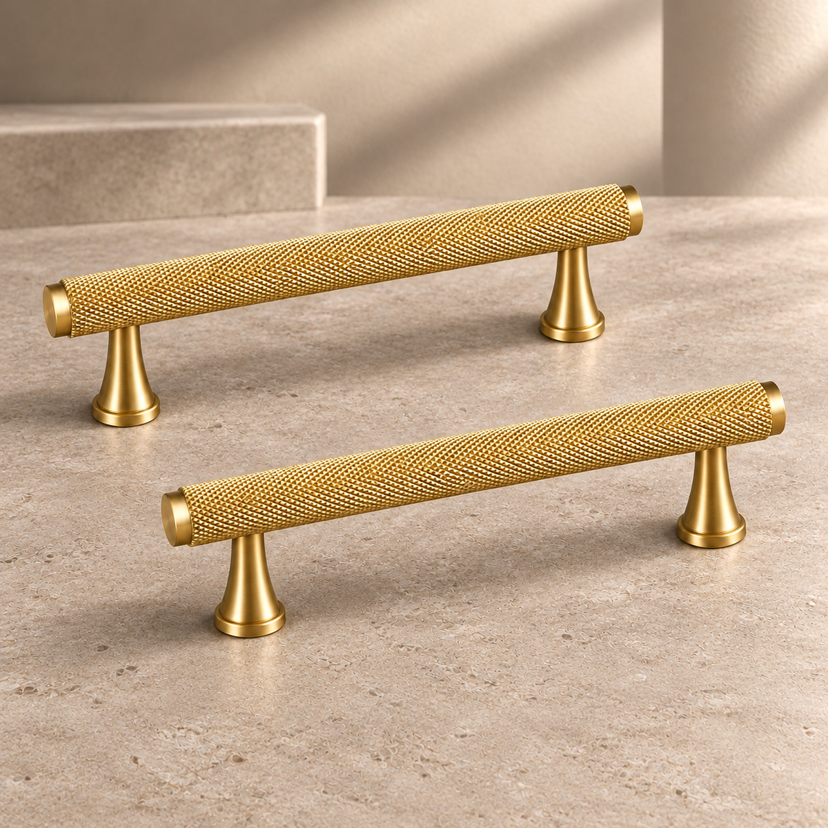 Solid Polished Brass T Bar & Knob Cabinet Pull — Knurled Classic Design on a neutral stone studio background