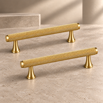 Solid Polished Brass T Bar & Knob Cabinet Pull — Knurled Classic Design on a neutral stone studio background