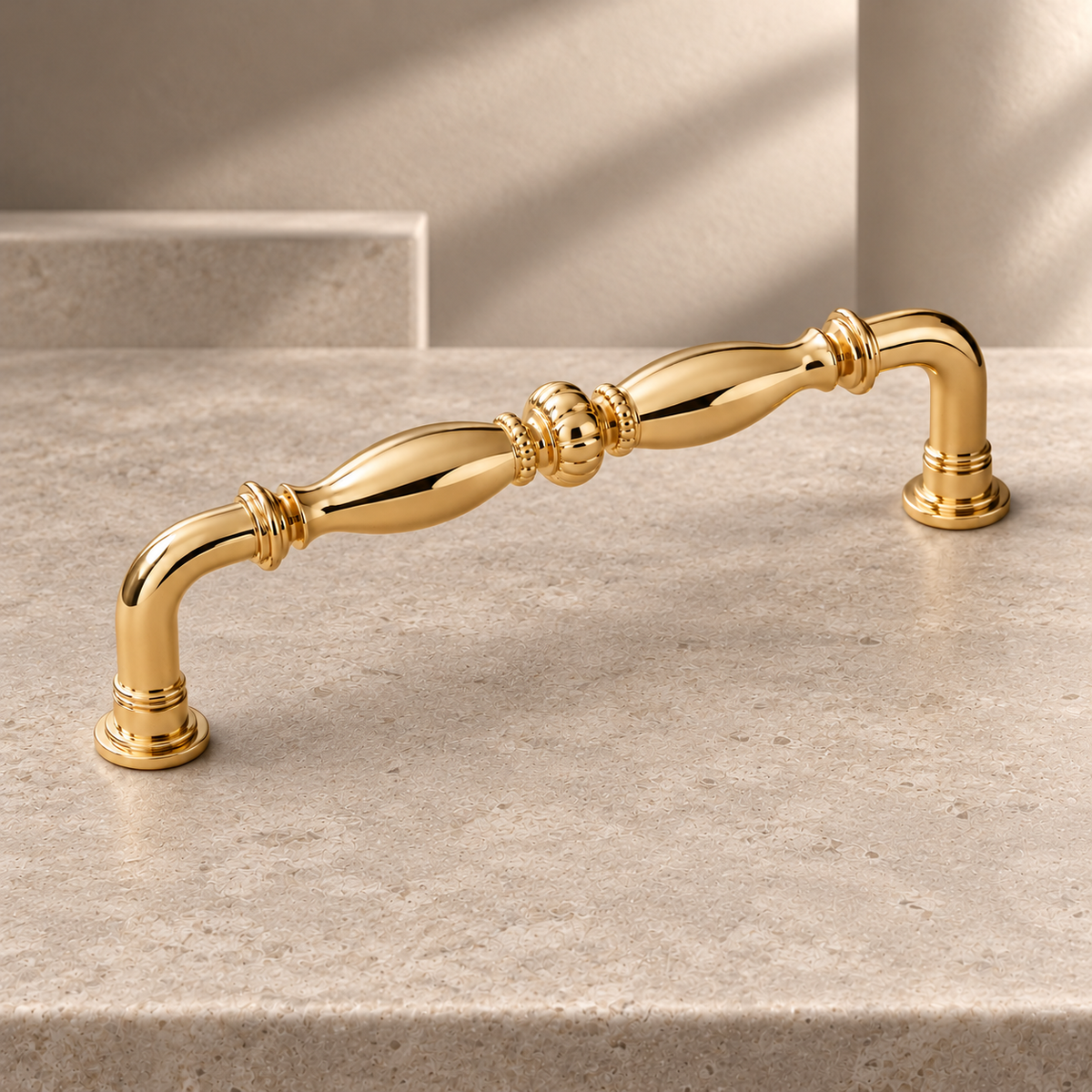Solid PVD Brass Cabinet Pull & Knob — Luxury Modern Design on a neutral stone studio background