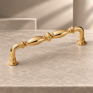 Solid PVD Brass Cabinet Pull & Knob — Luxury Modern Design on a neutral stone studio background