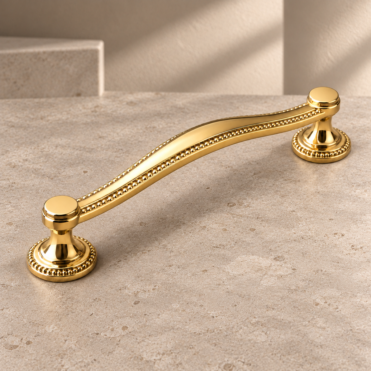 Solid PVD Brass Cabinet Pull & Knob — Luxury Vintage Design on a neutral stone studio background