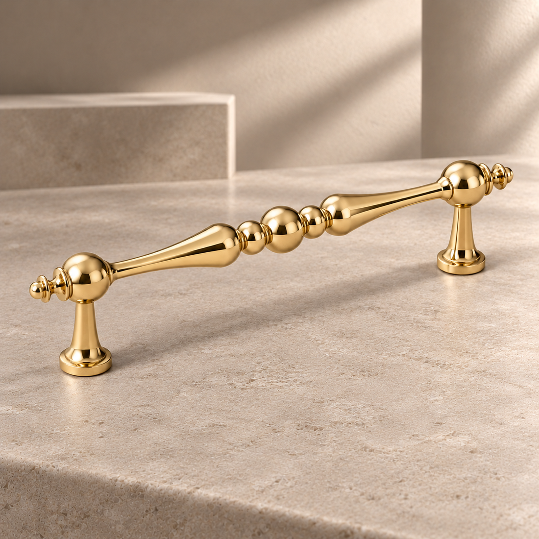 Solid PVD Gold Brass Cabinet Pull & Knob — Modern Luxury Design on a neutral stone studio background
