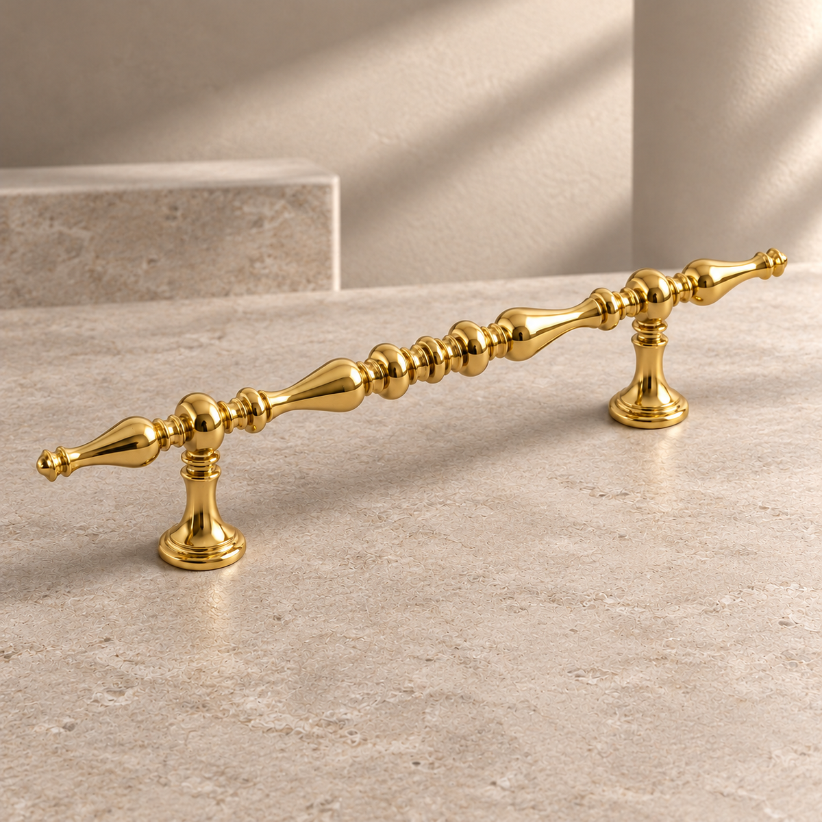 Solid PVD Gold Cabinet Pull & Knob — Modern Long Handle Design on a neutral stone studio background