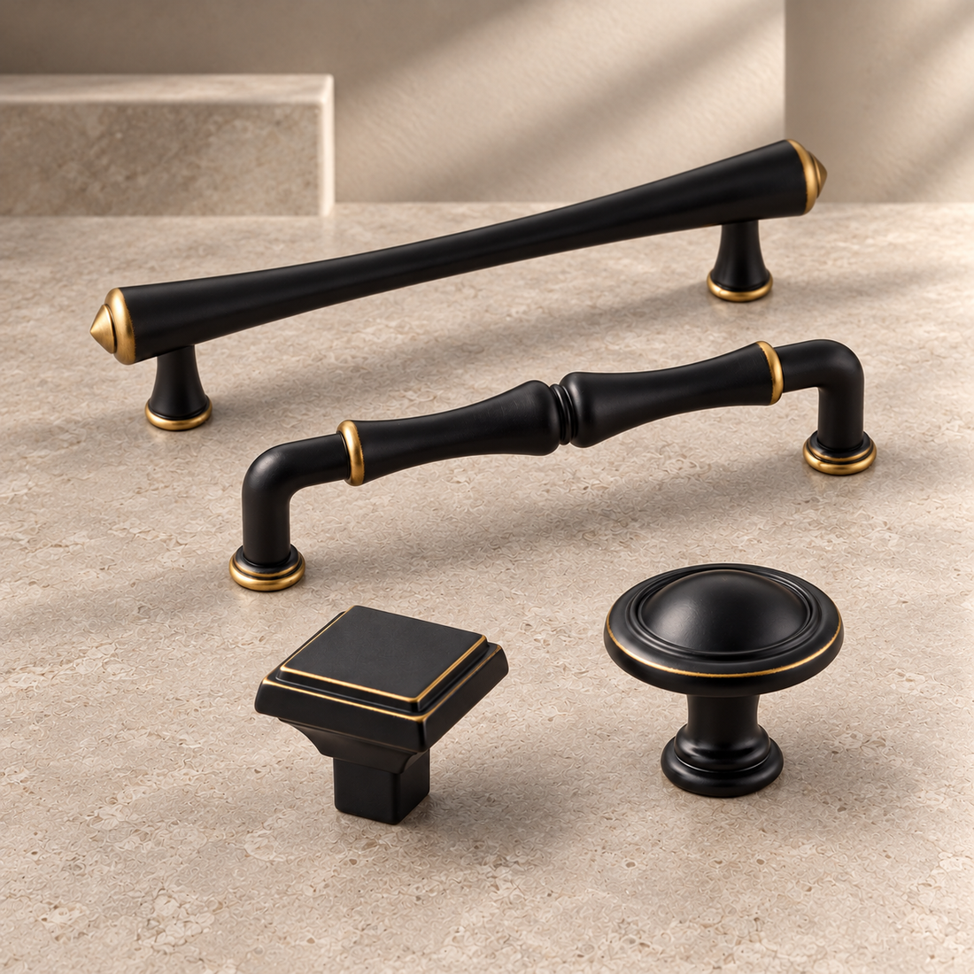 Solid Zinc Alloy Cabinet Pull & Knob — Black Finish on a neutral stone studio background