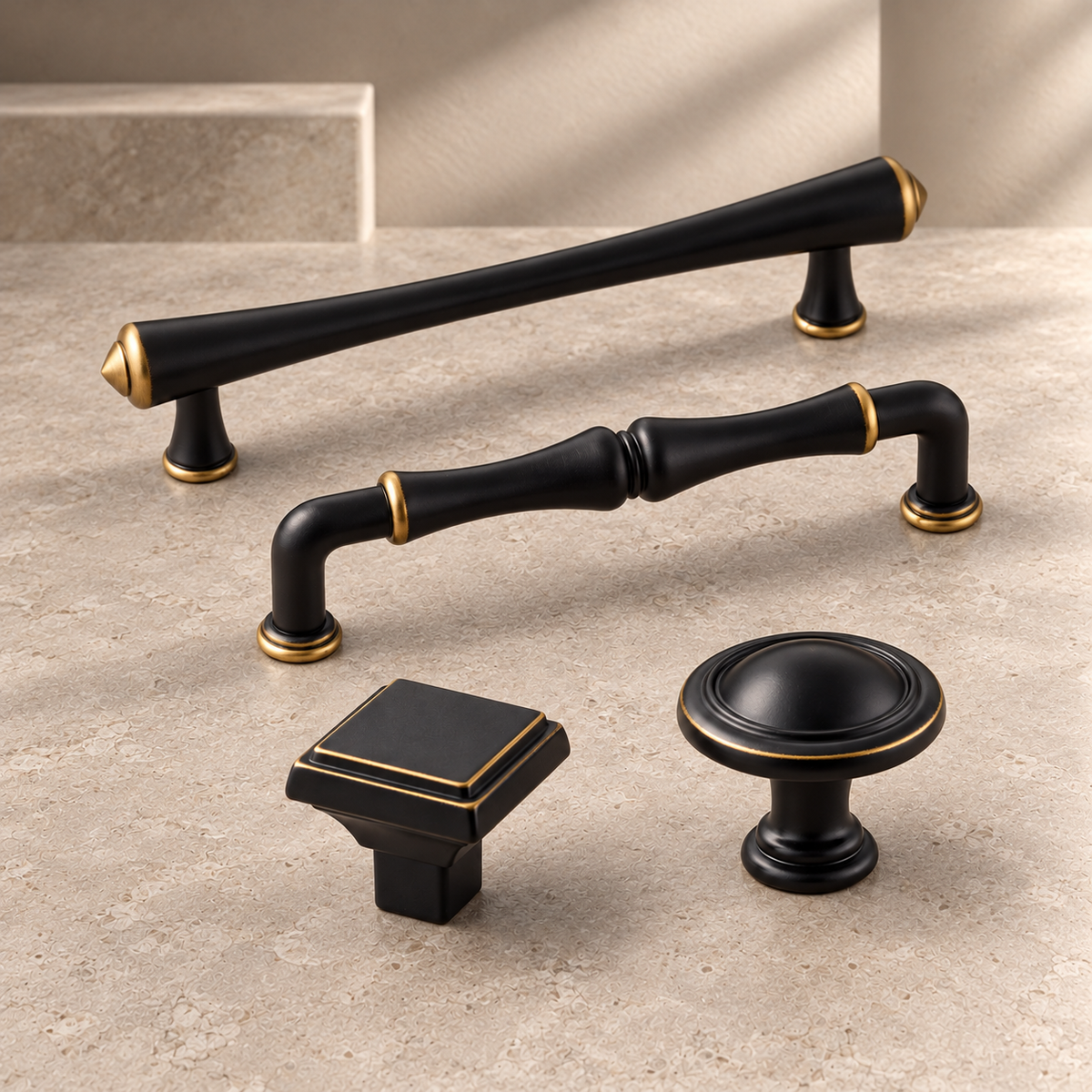 Solid Zinc Alloy Cabinet Pull & Knob — Black Finish on a neutral stone studio background