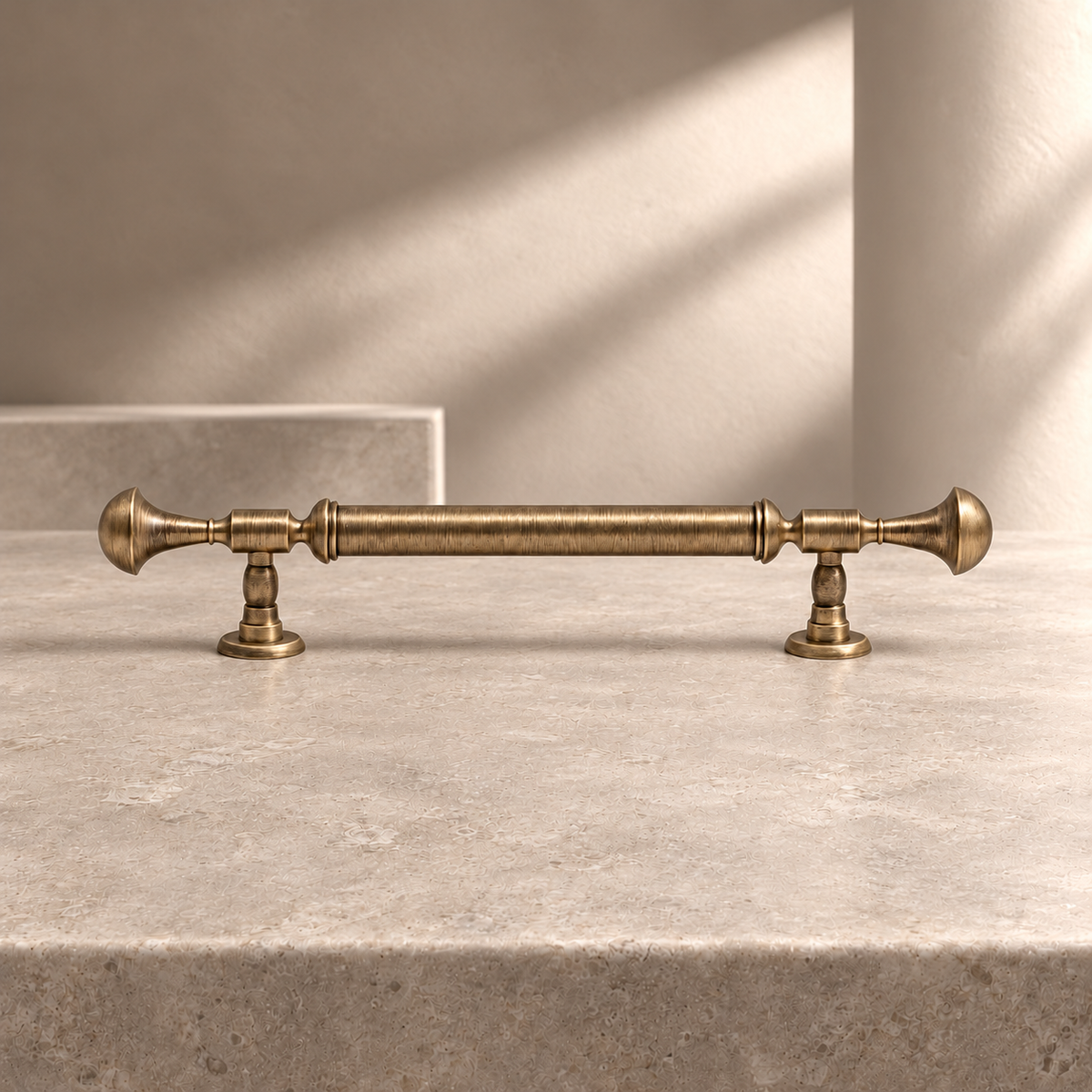 Vintage Solid Brass Cabinet Pull & Knob — Antique Bronze on a neutral stone studio background
