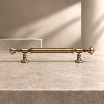 Vintage Solid Brass Cabinet Pull & Knob — Antique Bronze on a neutral stone studio background