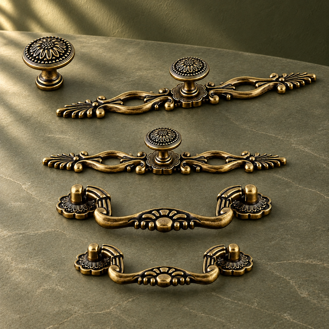 Vintage Ring Cabinet Pull & Knob — Antique Brass Finish on a deep olive studio background