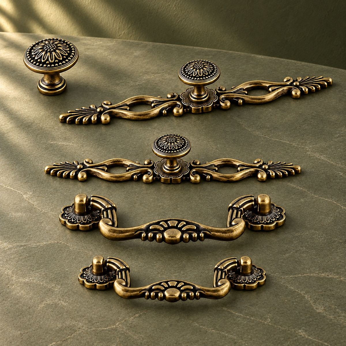 Vintage Ring Cabinet Pull & Knob — Antique Brass Finish on a deep olive studio background