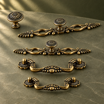 Vintage Ring Cabinet Pull & Knob — Antique Brass Finish on a deep olive studio background