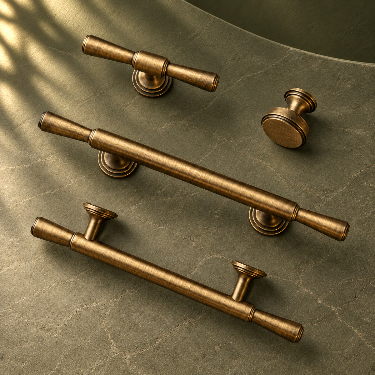 Vintage T-Bar & Long Cabinet Pull Set - Antique Brushed Brass on a deep olive studio background