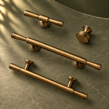 Vintage T-Bar & Long Cabinet Pull Set - Antique Brushed Brass on a deep olive studio background