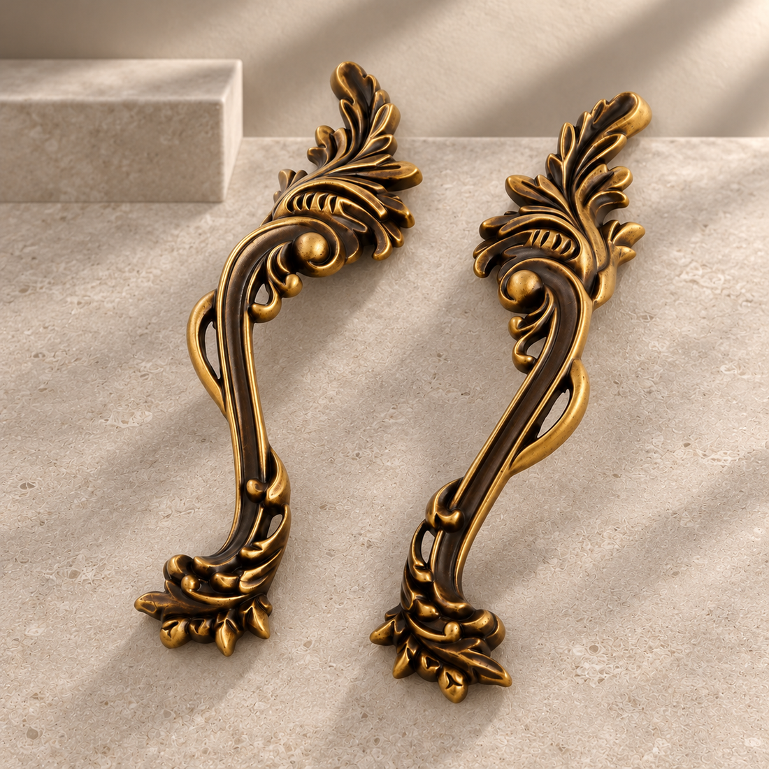 Vintage Zinc Alloy Cabinet Handle & Knob — Antique Brass Finish on a neutral stone studio background