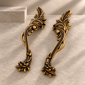Vintage Zinc Alloy Cabinet Handle & Knob — Antique Brass Finish on a neutral stone studio background