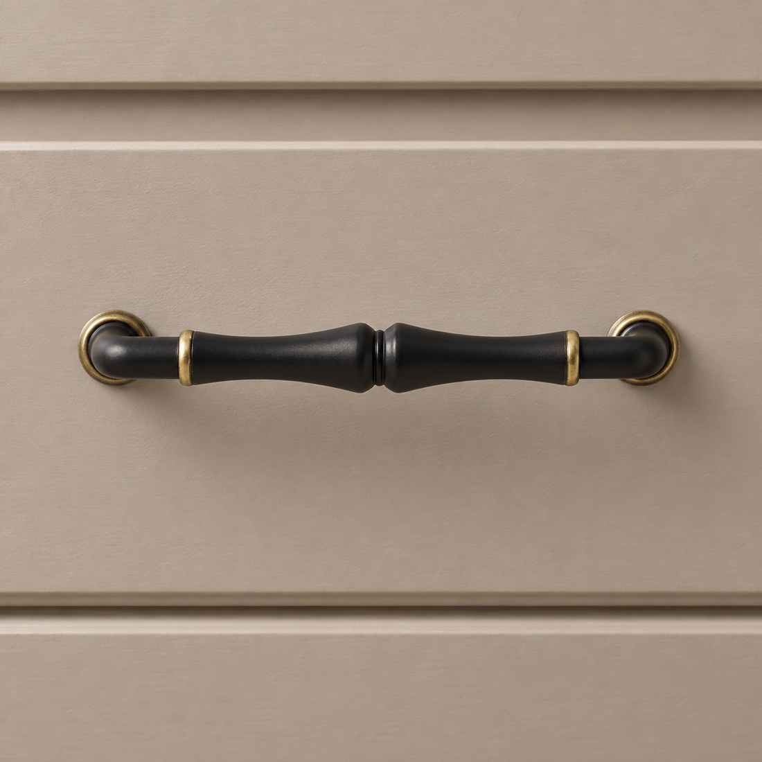 Solid Zinc Alloy Cabinet Pull & Knob — Black Finish on a neutral stone studio background