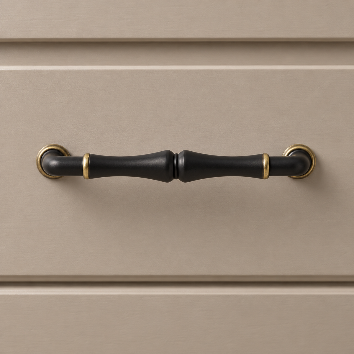 Solid Zinc Alloy Cabinet Pull & Knob — Black Finish — installed-black-gold-bamboo-pull