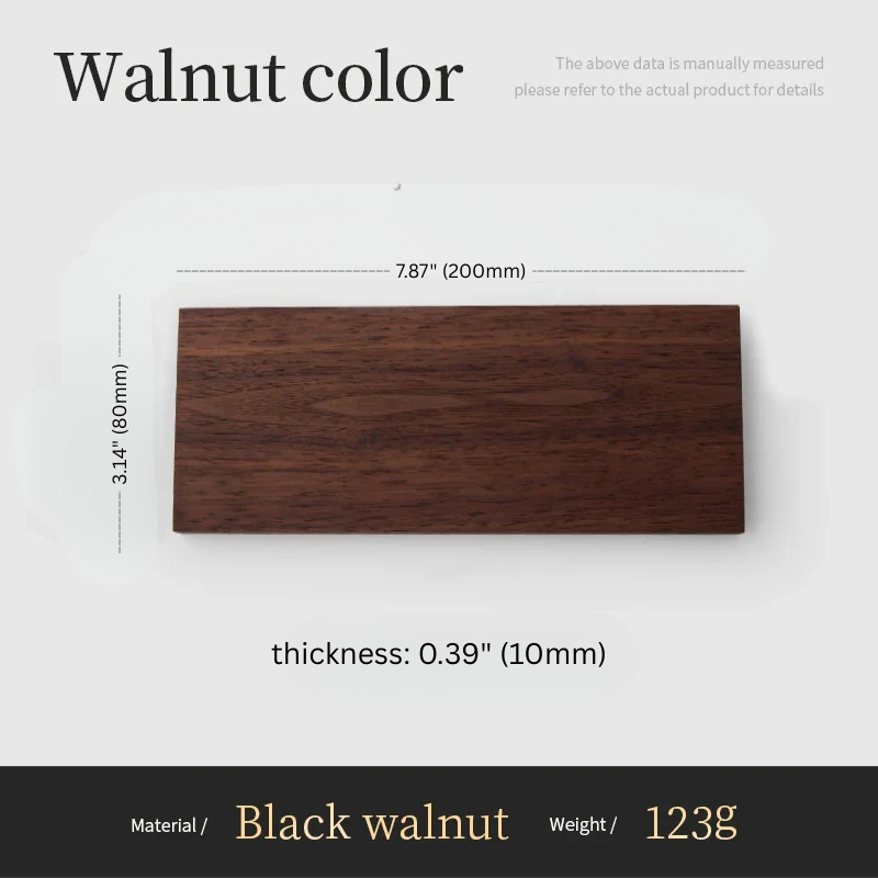 Wooden sample with dimensions and material details on a white background