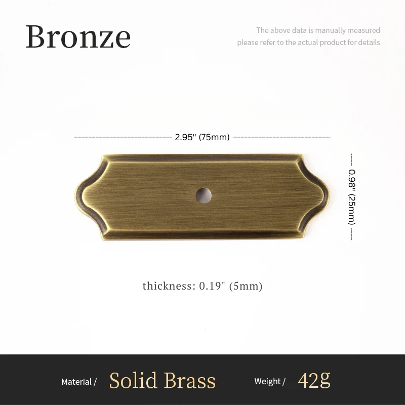 Bronze cabinet pull with dimensions and material details on a white background