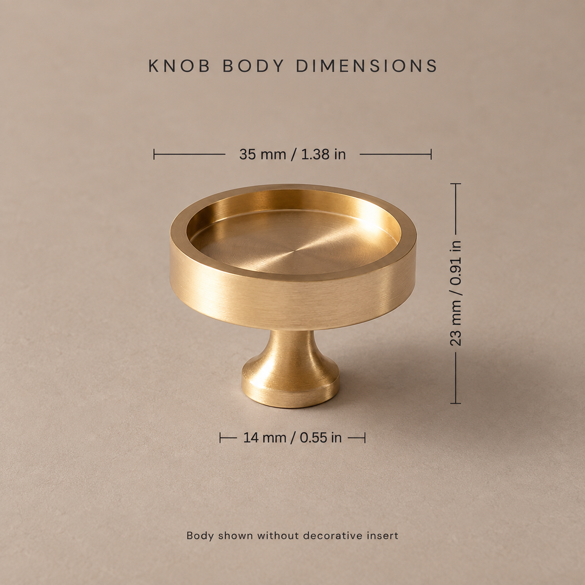 Cabinet knob body dimensions without insert: 35 mm diameter, 23 mm height, 14 mm base; inch equivalents shown