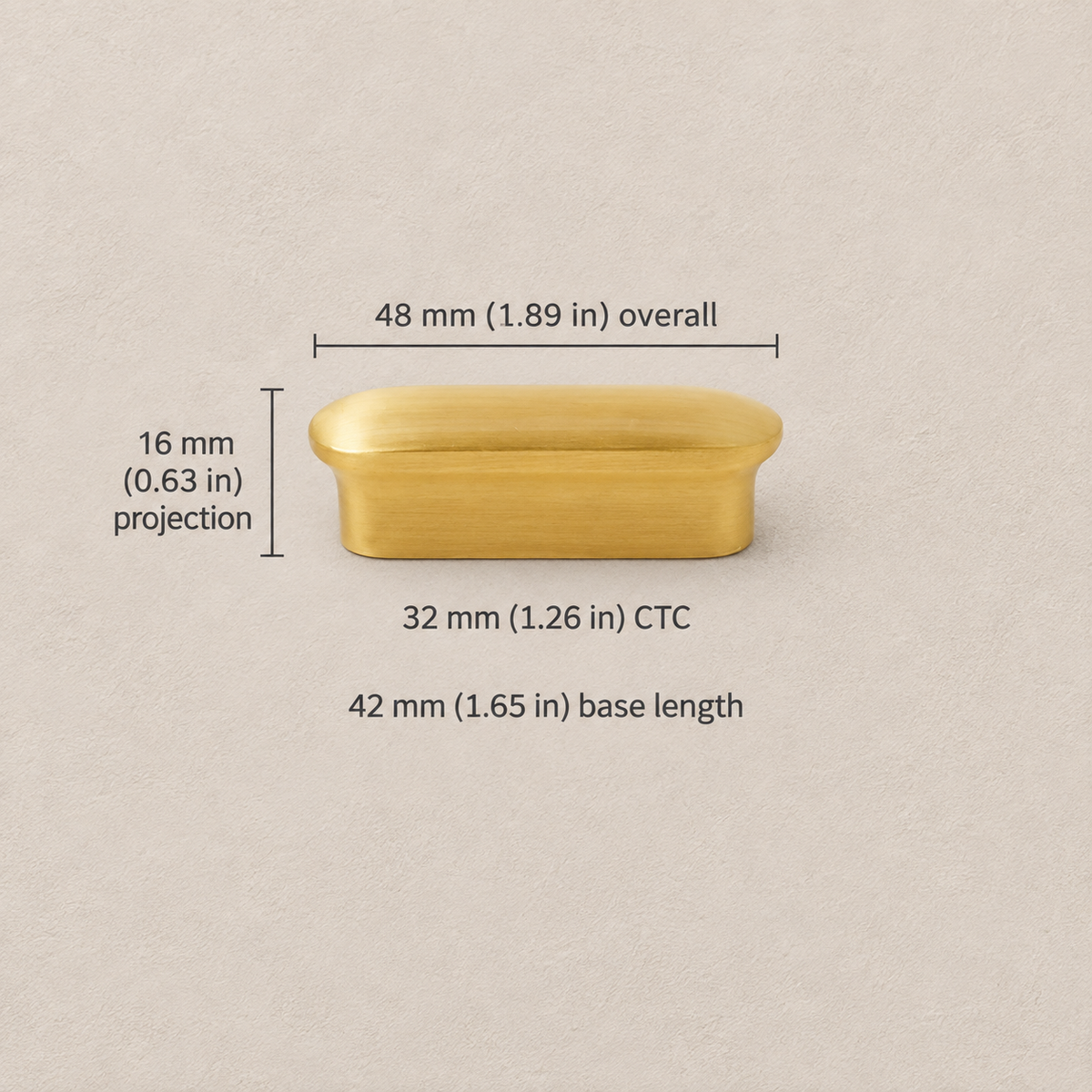 Brass oval-lip cabinet pull with 32 mm CTC and dimensions in millimeters and inches
