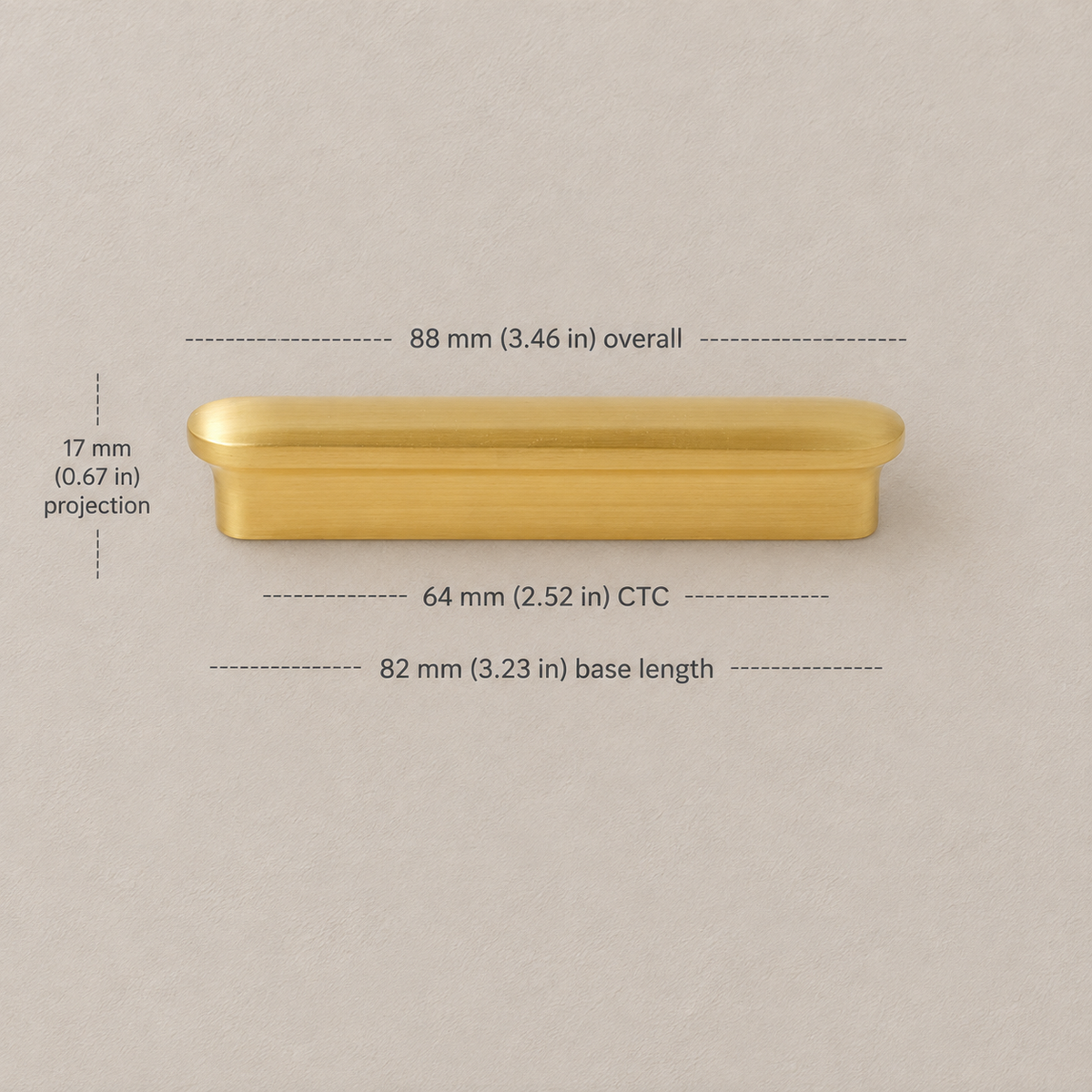 Brass oval-lip cabinet pull with 64 mm CTC and dimensions in millimeters and inches